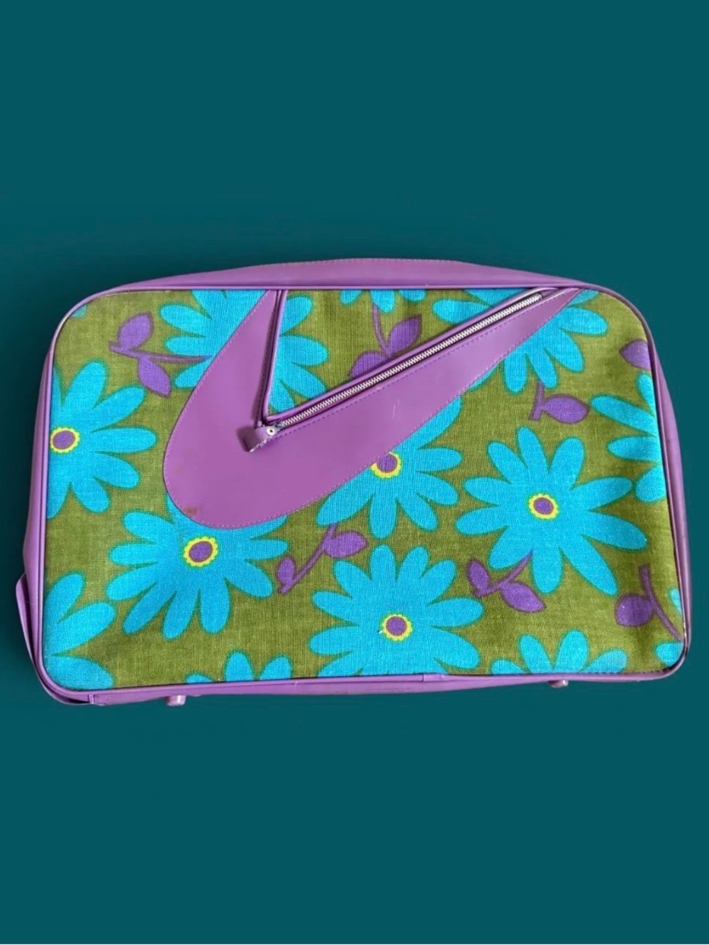 Vintage Turquoise Floral Travel Bag with Purple Trim